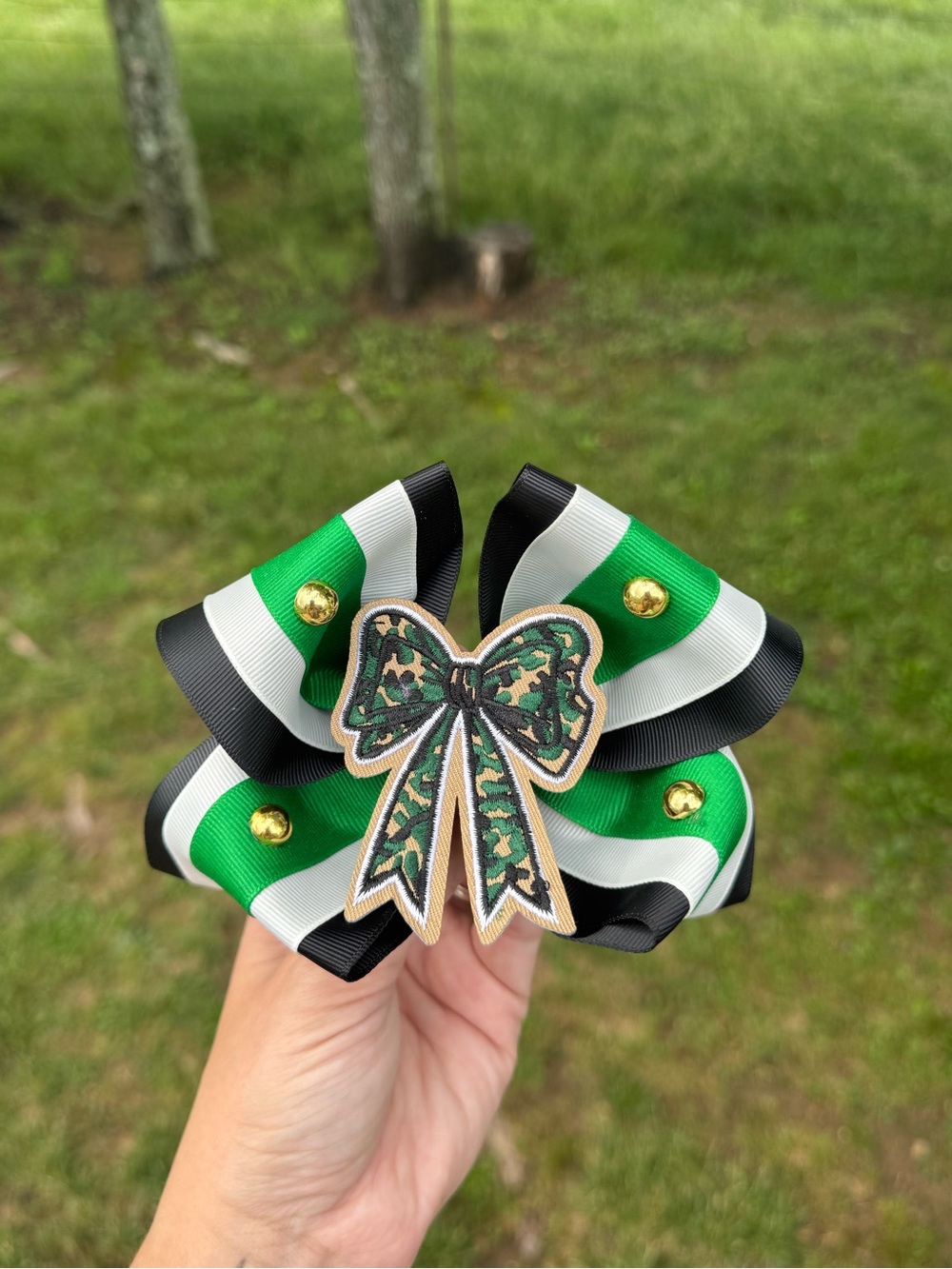 Green Black White Striped Bow Hair Clip with Gold Accents